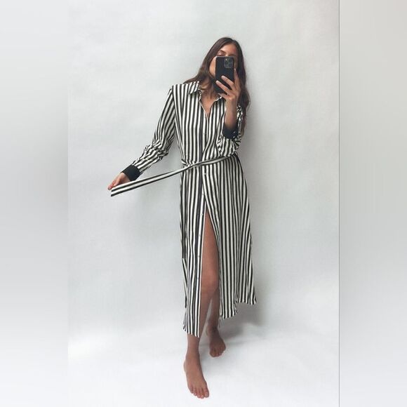 BLOGGER'S FAVE!  Zara PRINTED MIDI SHIRT DRESS stripes maxi dress navy blue - Picture 2 of 13